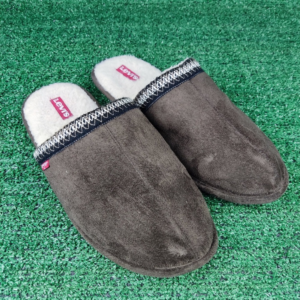 Levi's Slippers Men Size 10 Brown Scuff House Shoes Faux Suede Shearling Lined